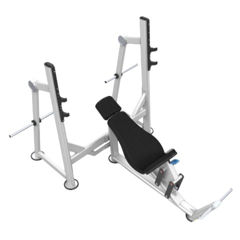 Build upper chest, shoulder, and tricep strength with the Olympic Incline Bench Press. This angled bench targets the upper pectorals more effectively, providing a stable platform for heavy lifts and balanced upper body development