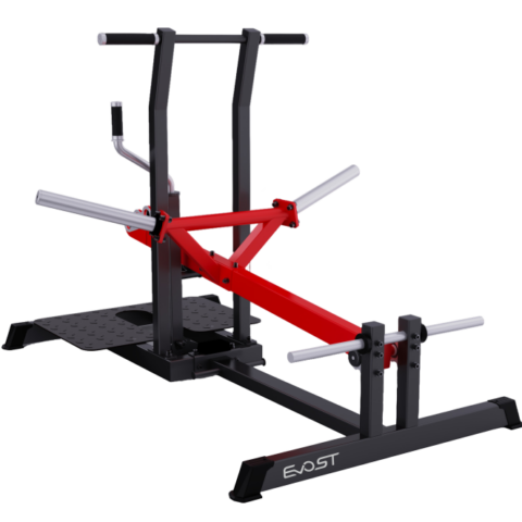 A belt squat machine designed for lower body strength training. The machine features a padded seat and adjustable harness that secures around the user’s waist, allowing for deep squats while minimizing stress on the lower back