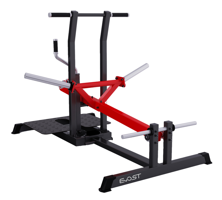 A belt squat machine designed for lower body strength training. The machine features a padded seat and adjustable harness that secures around the user’s waist, allowing for deep squats while minimizing stress on the lower back