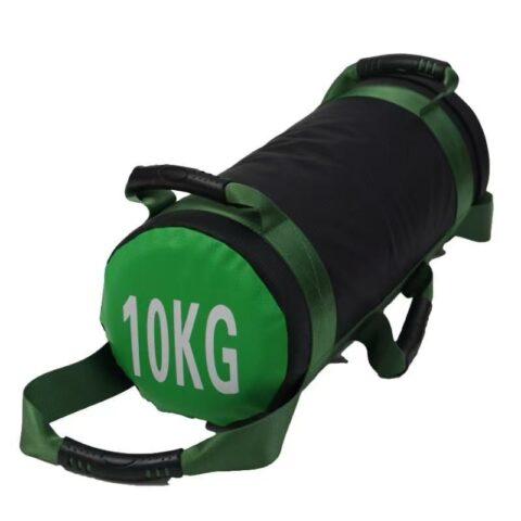 A durable, cylindrical energy bag with side and top handles for versatile grip options. Designed for functional fitness and strength training exercises like squats, lunges, and presses, the bag is made from tough, synthetic material and clearly labeled with its weight.
