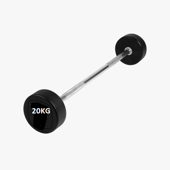 A 20kg straight barbell with black rubber-coated weight plates on each side. The barbell is made of solid steel, with a smooth metallic finish and knurled grip sections on the handle. The plates are labeled with clear "20kg" markings and are attached securely to the bar
