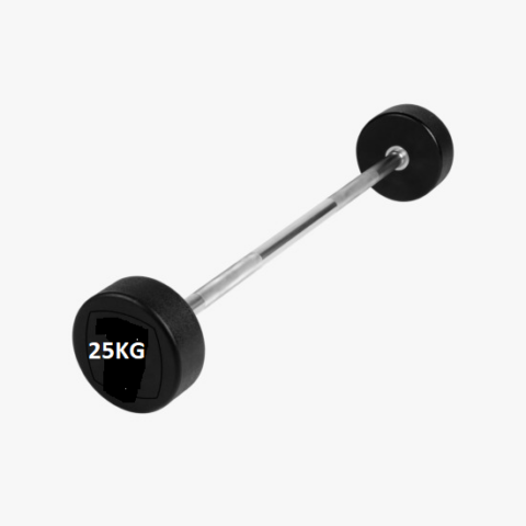 A 25kg straight barbell with black rubber-coated weight plates on each side. The barbell is made of solid steel, with a smooth metallic finish and knurled grip sections on the handle. The plates are labeled with clear "25kg" markings and are attached securely to the bar.